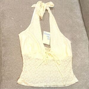 See You Monday Cream Lace Halter Tie-Front Top